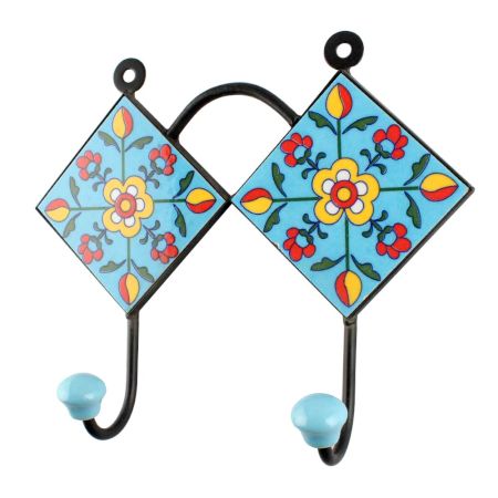 Turquoise Floral Ceramic Tiles Wall Hook